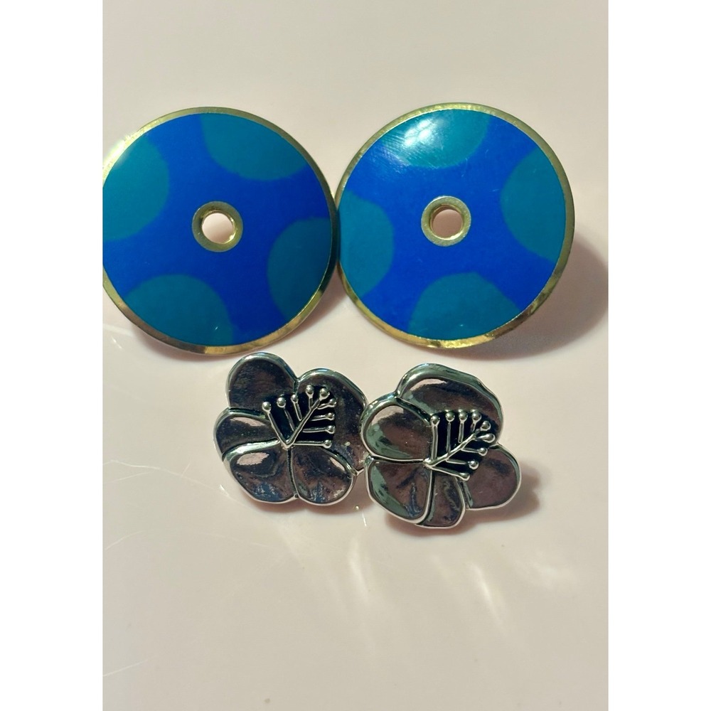 Vintage Laurel Burch 'Medina' Teal blue circular earrings & silver floral pair